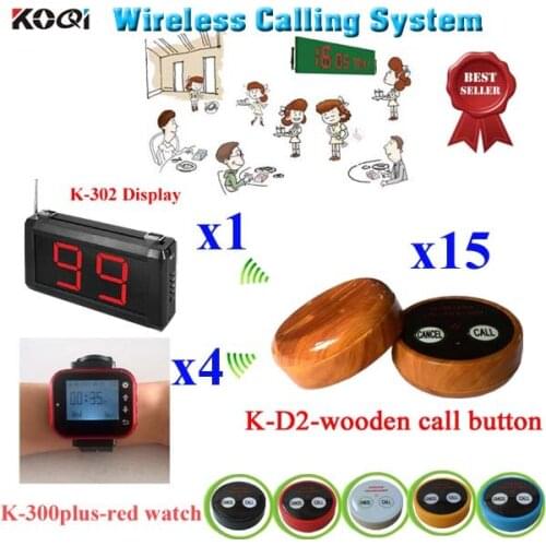 Wireless Restaurant Buzzer Call System With Ycall Brand Service Bell Equipment(1 display+ 4 watch+ 15 call button)