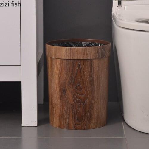 Imitation Wood Trash Can Round Plastic Wastebasket Storage Basket Bathroom Garbage Can Kitchen Waste Bins Classical Home Decor