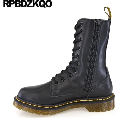 Round Toe Shoes Black Flat Short Trend Military 2021 Lace Up Combat Side Zip Boots Ankle Waterproof Casual Fall Women Autumn