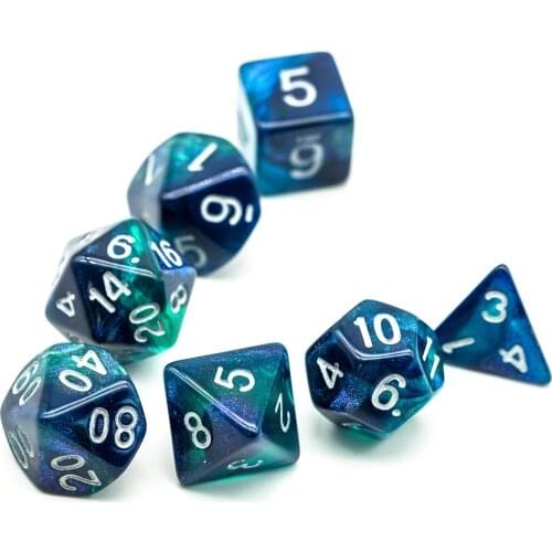 Poludie 7Pcs/Set Blue Green DND Dice Sets D4 D6 D8 D10 D% D12 D20 with Glitter Polyhedral Dice for Role Playing Game D&D RPG MTG