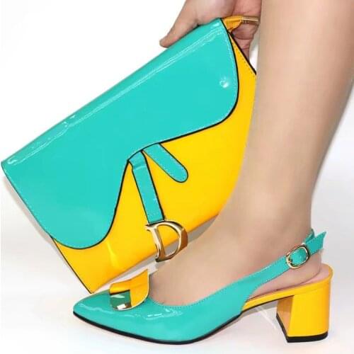 Fashion water green style women shoes match handbag set with metal decoration African pumps for dressing V8109,heel 5CM
