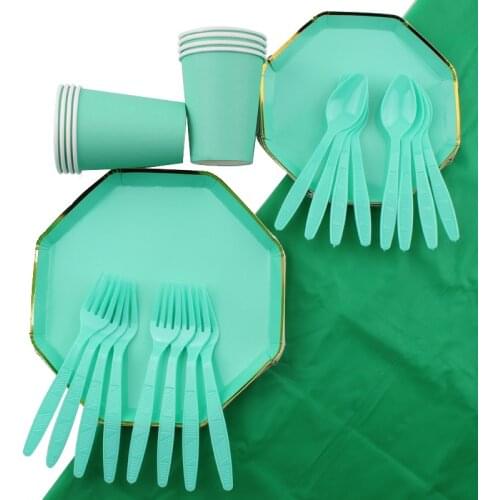 41Pc/Set Eight Sides Pure Green Theme Disposable Tableware Birthday Decoration Baby Shower Cups Plates Tablecloth Party Supplies