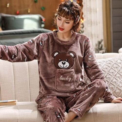 Autumn Winter Flannel Women Pajamas Set Cute Cartoon Pyjama Femme Loose Casual Plus Size M-3XL Female Sleepwear Suit