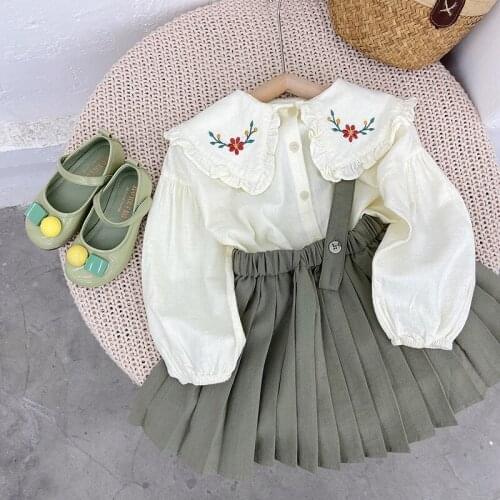Girls' Autumn Shirt 2021 New Children Simple Sweet Doll Collar Embroidered Flower Long Sleeve Casual Top Fall Clothes for Kids