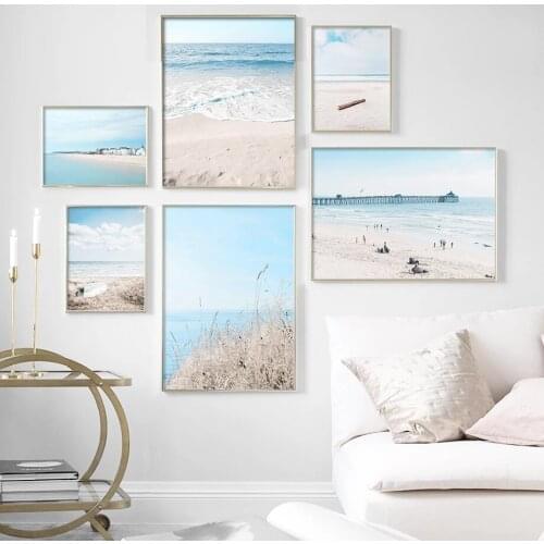 Scandinavia Blue Seascape Golden Beach Poster Sunny Holiday Canvas Painting Nordic Wall Art Pictures for Living Room Home Decor