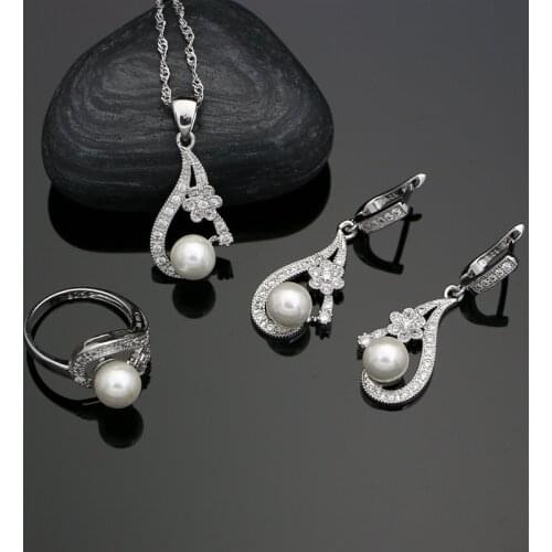 Freshwater Pearls Silver 925 Bridal Jewelry Sets Flower White CZ Decoration For Women Wedding Earrings/Pendant/Ring/Necklace Set