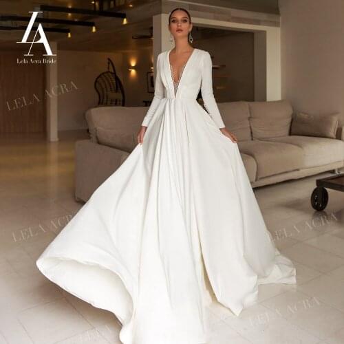 Luxury Crystal Satin Wedding Dress 2021 Elegant V-neck Long Sleeve A-Line Court Train LelaAcra UZ22 Bride Gown Vestido De Noiva