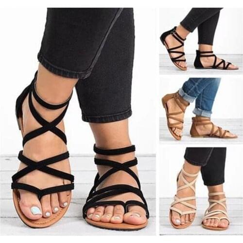 Summer Flip Flops Gladiator Sandals Shoes Beach Cross Sandals Woman Slip On Flats Casual Women Black Brown Shoes Plus Size 34-43