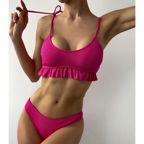 Sexy Neon Pink Brazilian Bikini 2021 New Women Swimwear Lace up Swimsuit Female Two-pieces Ruffle Bikini set Bather Bathing Suit