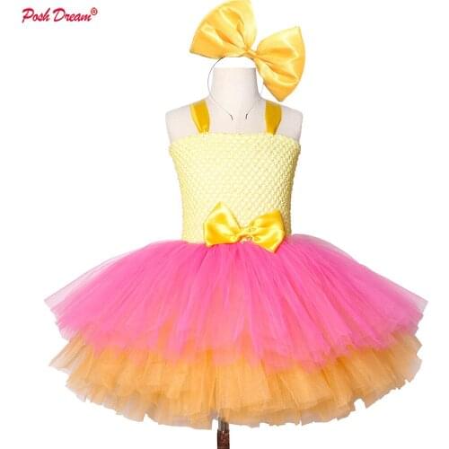 POSH DREAM Candy Colors Children Party Tutu Dresses with Bow Orange Yellow Easter Theme Kids Birthday Party Clothes Baby Dresses