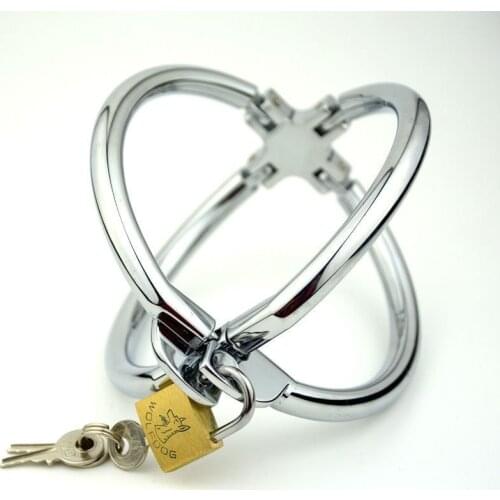 Unisex Stainless Steel Double Crossing Ring Spherical Wrist Cuffs with Pad Locks Bondage Restraints Fetish Trainer Game Sex Toys