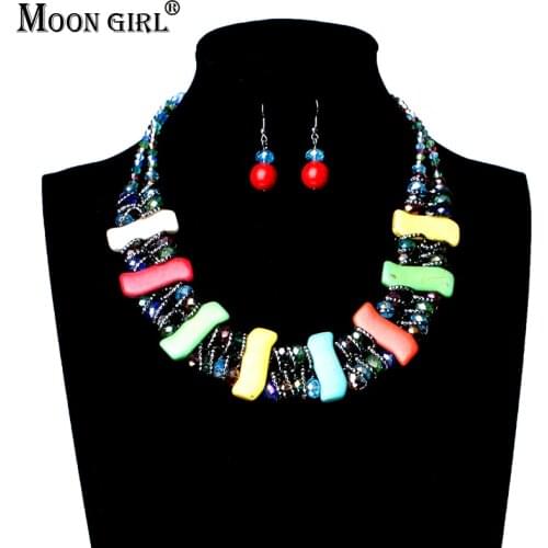 MOON GIRL Geometric Stone Fashion Jewelry Set Bohemian Crystal Necklace Vintage Drop Earring Set