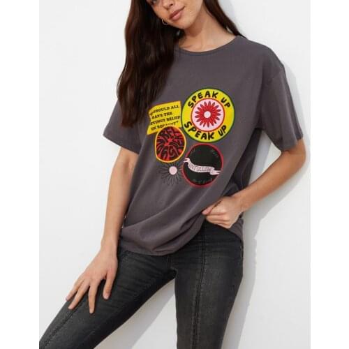 Printed Boyfriend Knitted T-Shirt 100% Cotton O Neck two color options women new season casual style