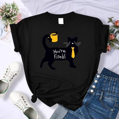 Womens T-Shirts Summer Fashion Streetwear Casual Breathable Female You're Fired Coffee Black Cat T-Shirt