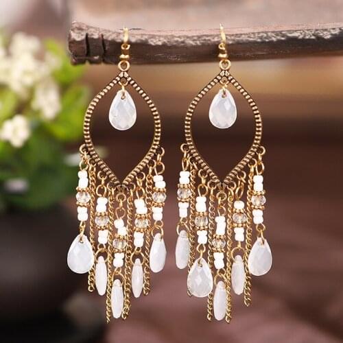 Women Classic Vintage Jewelry Colorful Crystal Beads Long Tassel Pendant Bohemia Hoop Earring Womens Earrings Accessories
