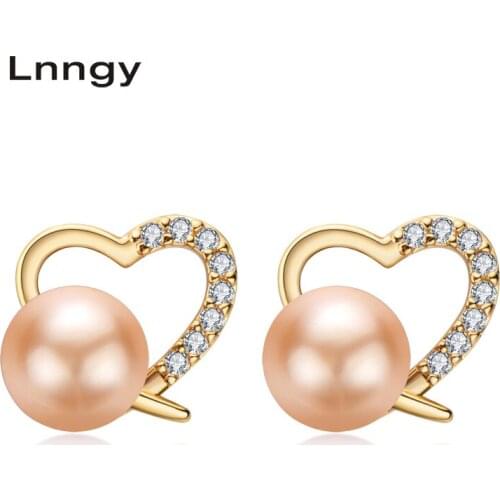 Lnngy 14K Gold Filled Earrings 6-6.5mm Natural Freshwater Pearl Heart Stud Earrings Women Wedding Party Fine Jewelry Earrings
