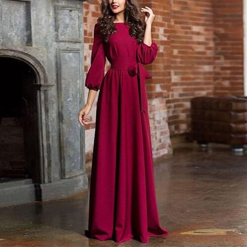 Spring Autumn Woman O-Neck Long Dress New Bohemian Style Slim Vestidos Vintage Three Quarter Lantern Sleeve Casual Dress T2