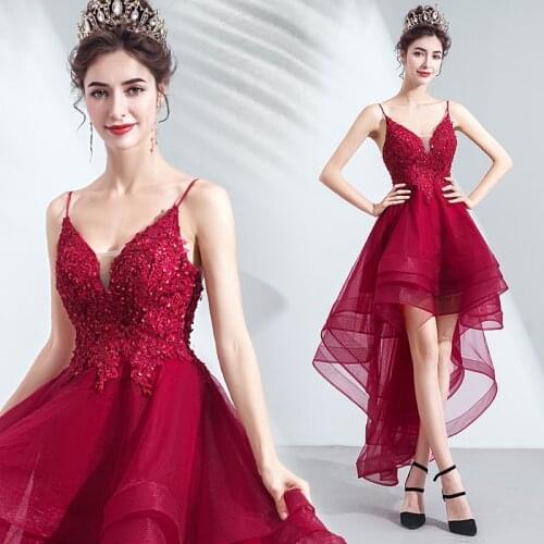 New wine short front long back lady girl women princess prom dress evening dress banquet party ball dress gown free shipping