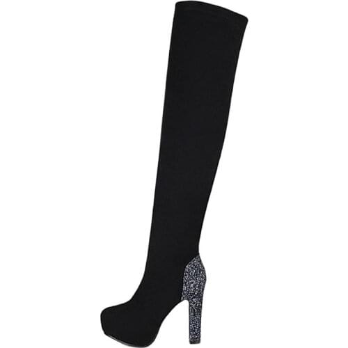 Arden Furtado 2020 Winter sSexy Round head Chunky heels Nylon Black Waterproof Taiwan Over the knee boots Womens boots