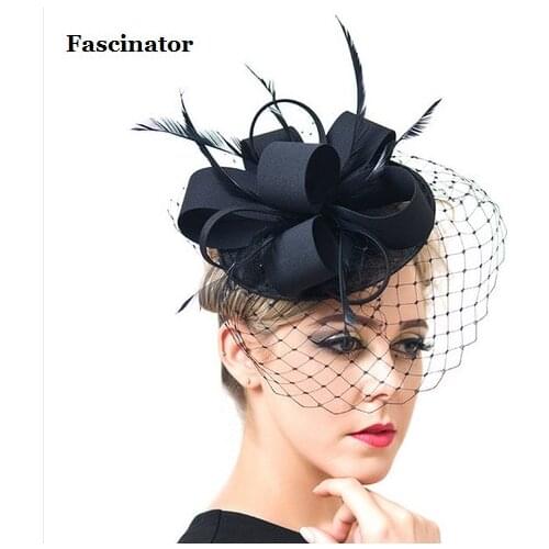 Black Ivory Round Sinamay Fascinator Feather Hats Birdcage Veil Fascinators Flower Hairclip Church Cocktail Party Bride Hats