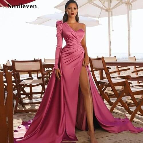 Smileven One Shouldr Hot Pink Evening Dress Mermaid Long High Side Split Prom Dresses New Arrival Celebrity Dresses