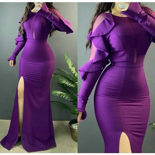 Elegant Bodycon Long Mermaid Black Stretchy Satin Prom Dresses with Ruffles Robe De Soiree Split O-Neck Party Gown for Women