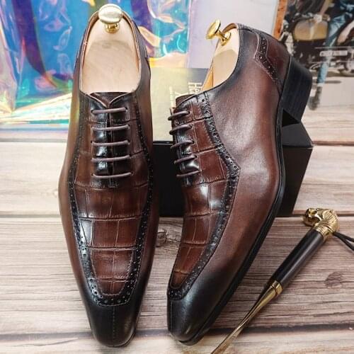 Italian Mens Leather Shoes Formal Dress Office Wedding Shoes Black Coffee Lace up Crocodile Pattern Pointed Oxford Shoes For Men