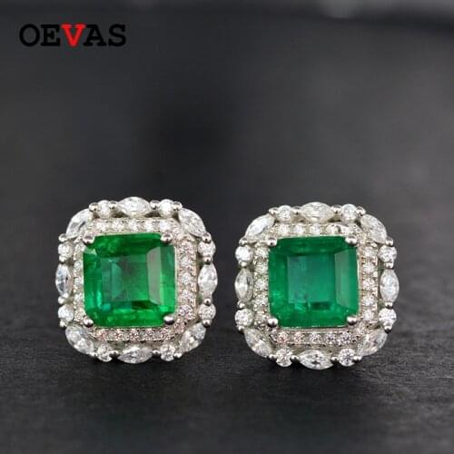 OEVAS 100% 925 Sterling Silver Sparking 7*7mm Emerald Stud Earrings High Carbon Diamond Wedding Party Fine Jewelry Wholesale