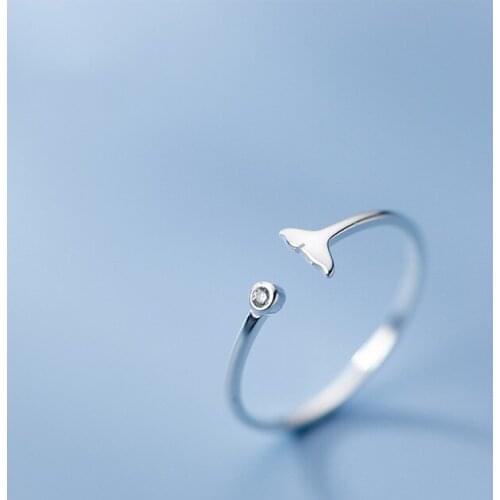 Real 925 Sterling Silver Cute Fish Tail Zircon Open Ring Women Party Birthday Gift Adjustable Fine Jewelry