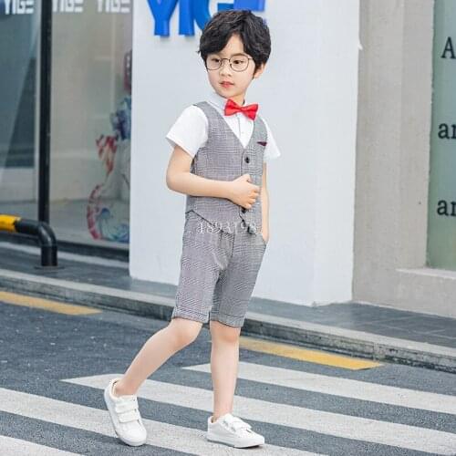 Childrens Plaid Vest Set Boy Gentleman Piano Performance Wedding Costume Kids Vest Shirts Bowtie Clothing Sets