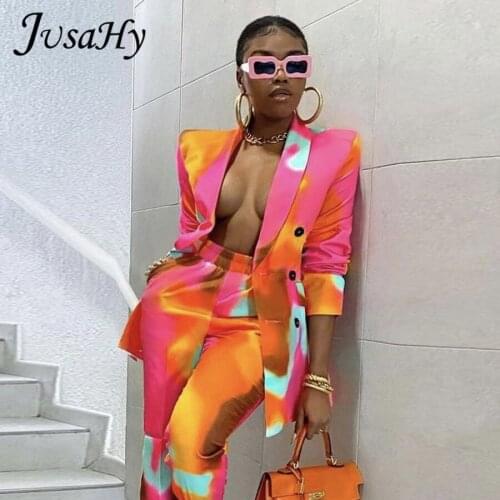 JuSaHy Outwear Two Piece Sets for Women Elegant Aesthetic Print Suit Long Sleeve Coat + Elastic Waist All-matching Pants Outfits