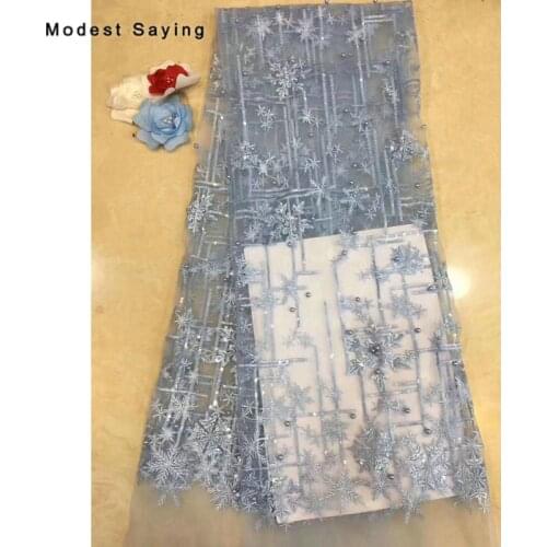 2 Yards Sky Blue Star Sequined Lace Fabrics for Evening Dress 2019 Embroidered Mesh Nigerian Party Prom Pearls Net Lace Material
