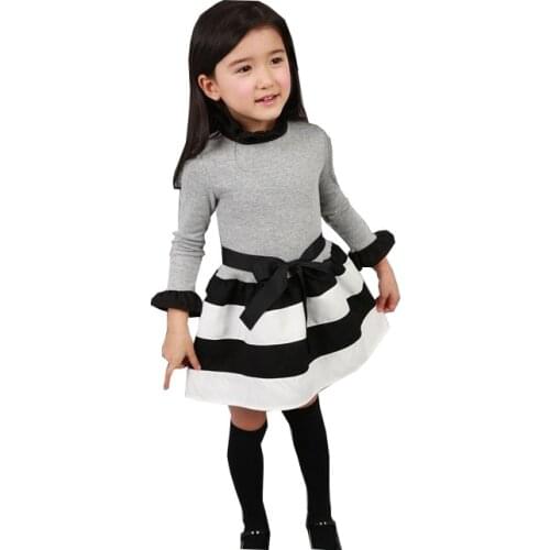 Spring and Autumn girls fashion striped mini - dress school wind cotton long - sleeved dress kids clothes 2 3 4 5 6 7 years old