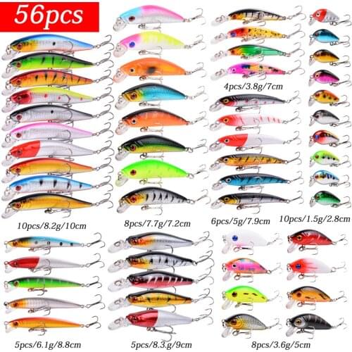 56pcs/pack Mixed Fishing Lure Bait Set Wobbler Crankbaits Swimbait Minnow Hard Baits Spiners Carp Artificial Fishing Tackle