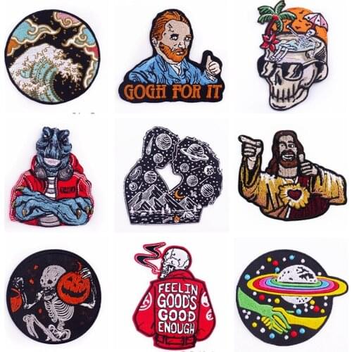 Embroidery Patches for Clothing Punk Dinosaur Iron On Patch DIY Skull Stickers Patches For Clothes Applique Stripes Badges