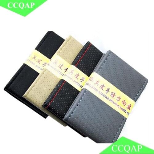 New PU Leather Hand-Stitched Steering Wheel Cover with Needles & Thread Anti-slip 38cm Diameter