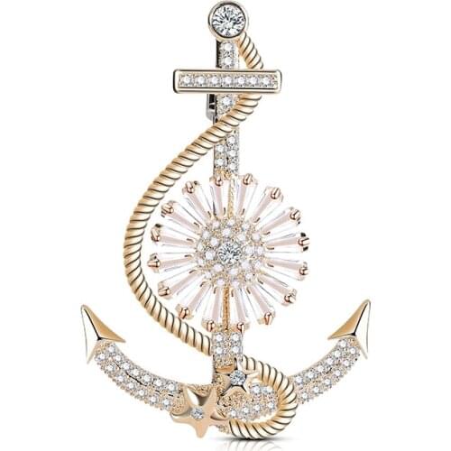 New Vintage Sea Star Crystal Anchor Brooch For Men NAVIGATOR Zircon Pin Suiit Decoration Badge Jewelry Accessories
