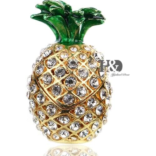 H&D 2.5inch Bejeweled Pineapple Trinket Box Hand Painted Collectible Figurines Decor Ornaments with Crystals for Mini Trinkets