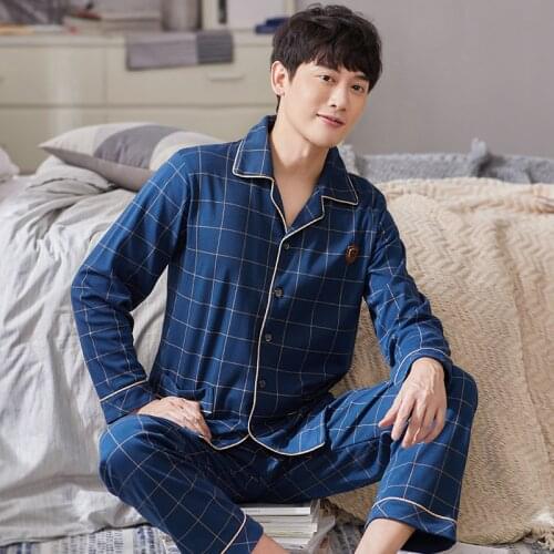 100% Cotton Pijama for Men 2 Pieces Sleepwear Pyjamas Plaid Blue Spring Bedgown Home Clothes Man PJs Pure Cotton Pajamas Sets