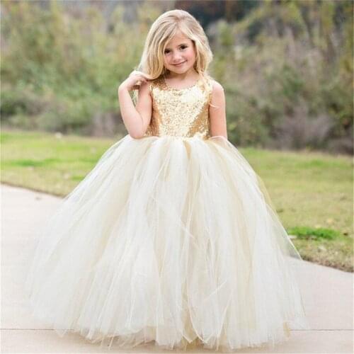 Golden Sequin Flower Girls Dress Kids Pageant Party Wedding Fluffy Tulle Ball Gown Prom Princess Formal Occassion Girls Dress