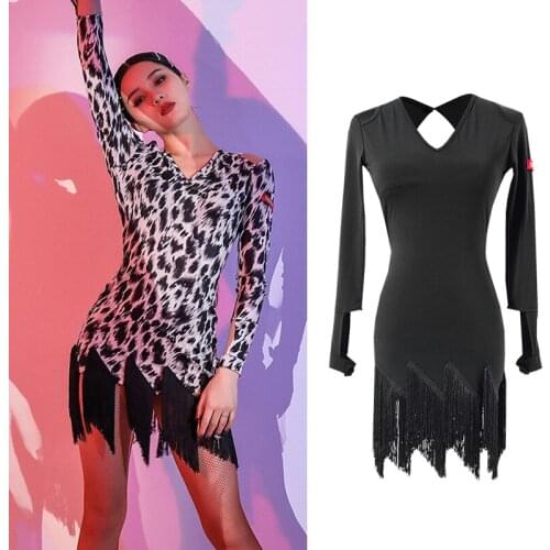 Women Latin Dance Dress Long Sleeved Sexy Backless Fringe Dress Ballroom Dance Dress Samba Tango Performance Dance Dress SL4413
