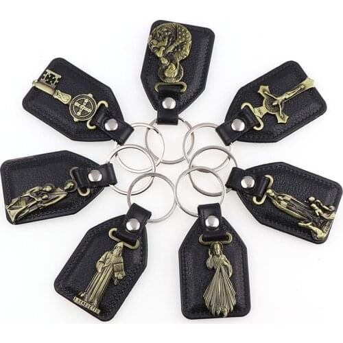 12pcs PU Leather KeyChains Catholic Charm pendants for Men Black Tag Antique Bronze Plated Hook Key Religion Key Charms