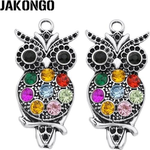JAKONGO Antique Silver Plated Colorful Crystal Owl Charm Pendants for Jewelry Accessories Making Bracelet DIY 48x23mm 2pcs/lot