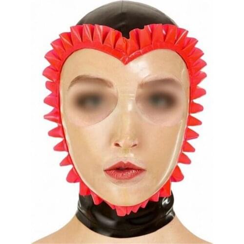Handmade Sexy Transparent Latex Fetish Hoods Mask with Red Lace Hoods Back Zipper Customize
