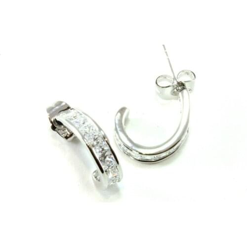 Half Hoop Earrings Moon Rhodium Zirconium Silver Round Silver Plated White Zircon Anti Allergic