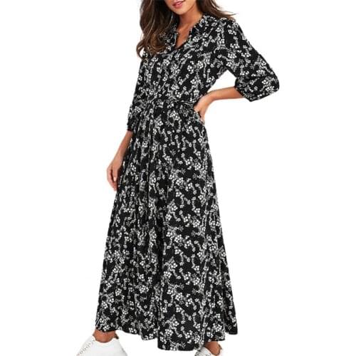 Party Women Maxi Dress Turn Down Collar Floral Print Belt Dress Sundress 3/4 Sleeve Womens Clothing Summer Dresses