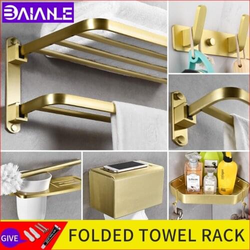 Bathroom towel rack hardware set gold wall mounted fold double towel shelfs corner shower shelf robe hooks toilet roll holder