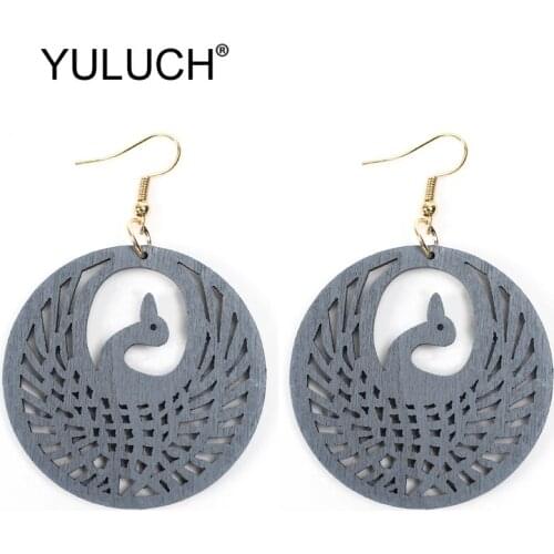 YULUCH Women Round Wood Dangle Earrings Fashion Jewelry Ethnic African Boho Hollow Wood Birds Animal Pendant Earrings For Party