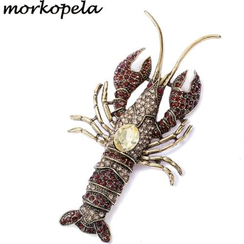 Morkopela Lobster Rhinestone Brooch Cute Animal Brooches Pin Vintage Crystal Big Brooch For Women Scarf Clip Accessories