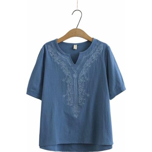 Plus size V-neck cotton linen Embroidery women short sleeve tshirts 2021 new summer casual lady t shirts female top blue pink